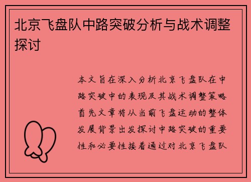 北京飞盘队中路突破分析与战术调整探讨